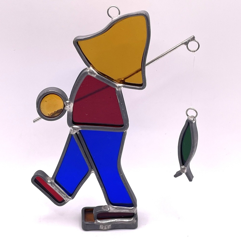 Vintage Stained Glass‎ Suncatcher Fisherman Boy with Fishing Pole Cabin Decor 5" - Picture 5 of 8
